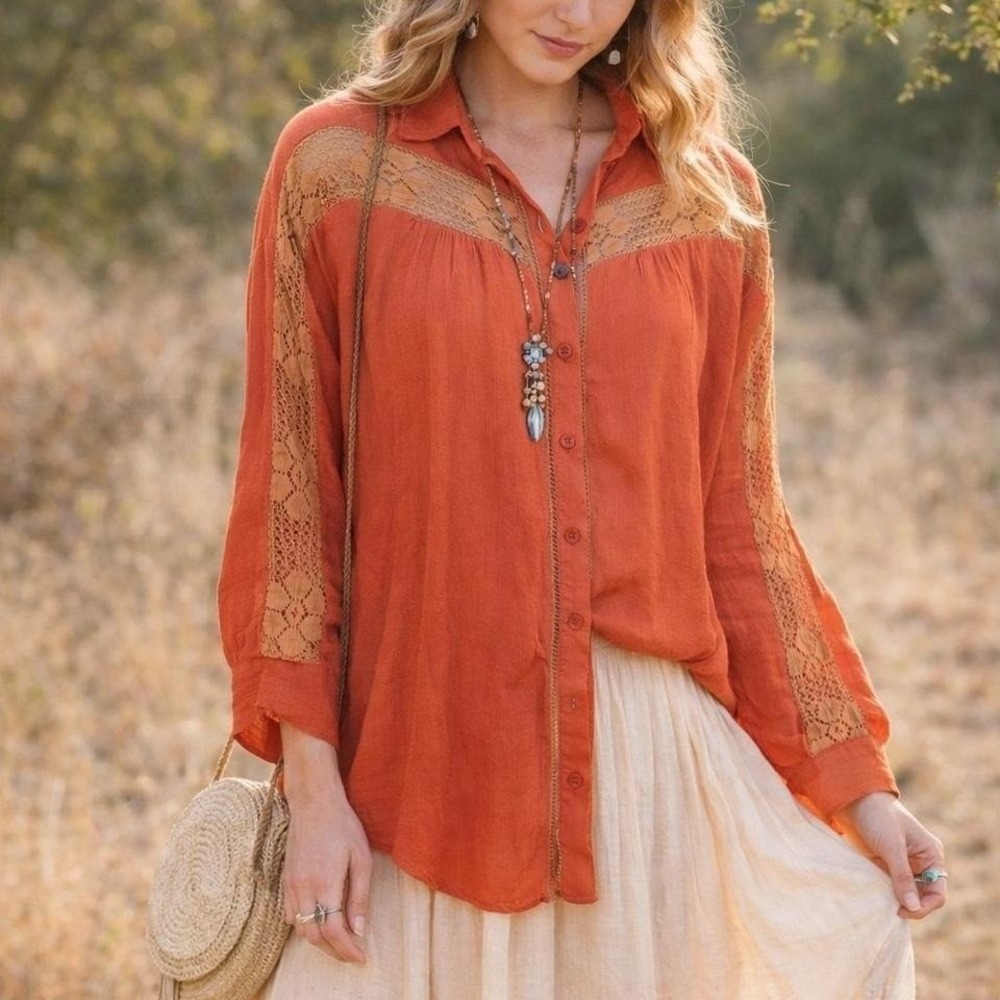 Listicle Boho Lace Button Up Blouse Rust Orange Crochet Detail Size S